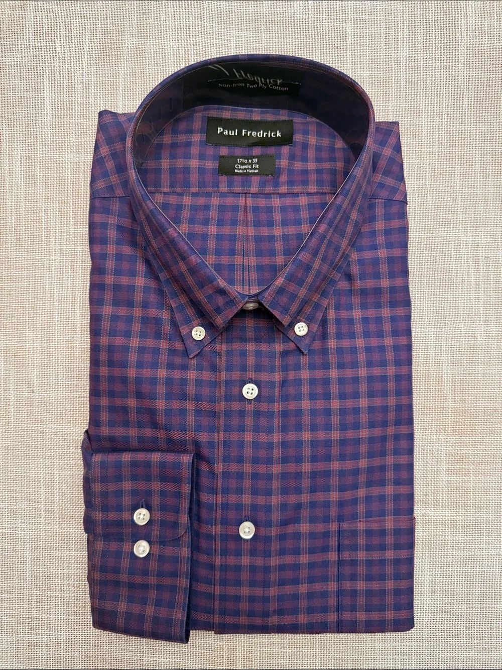 Paul Fredrick Classic Fit Mens Sz 17.5x35 Navy Cotton Tartan Button Down NEW